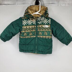 The North Face Reversible Green Puffer Fleece Fair Isle Zip Up Kids Jacket Coat